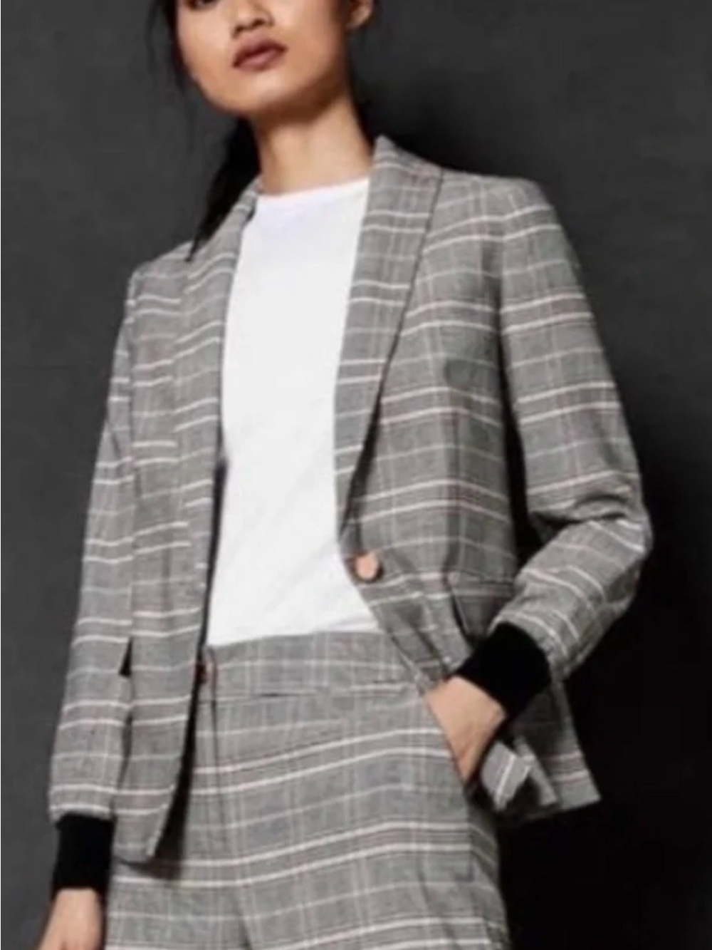 [$395] Ted Baker London Black, Gray and Pink Plaid Blazer. Size 3 UK
